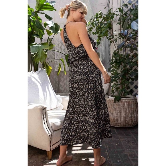 POL Black Small Floral Print V Neck Sleeveless Midi Dress - Picture 3 of 9